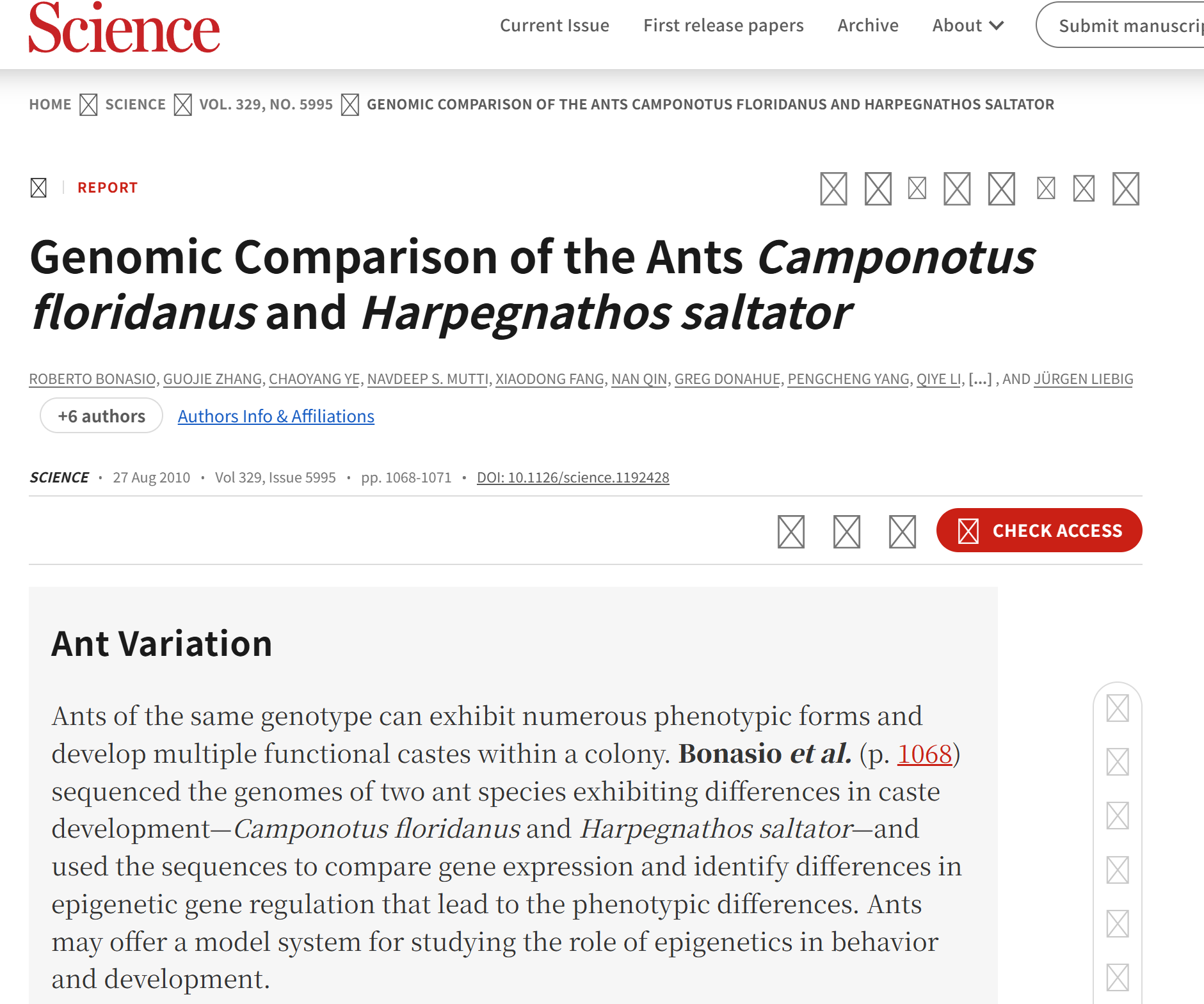 Science(IF:44.7):全球首个蚂蚁全基因组测序揭示社会性进化的分子基础