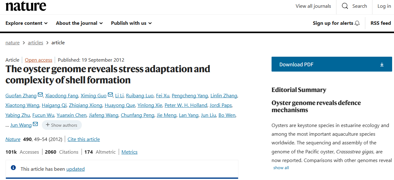 Nature（IF：50.5）：牡蛎基因组深度揭示逆境适应机制与壳形成的复杂性