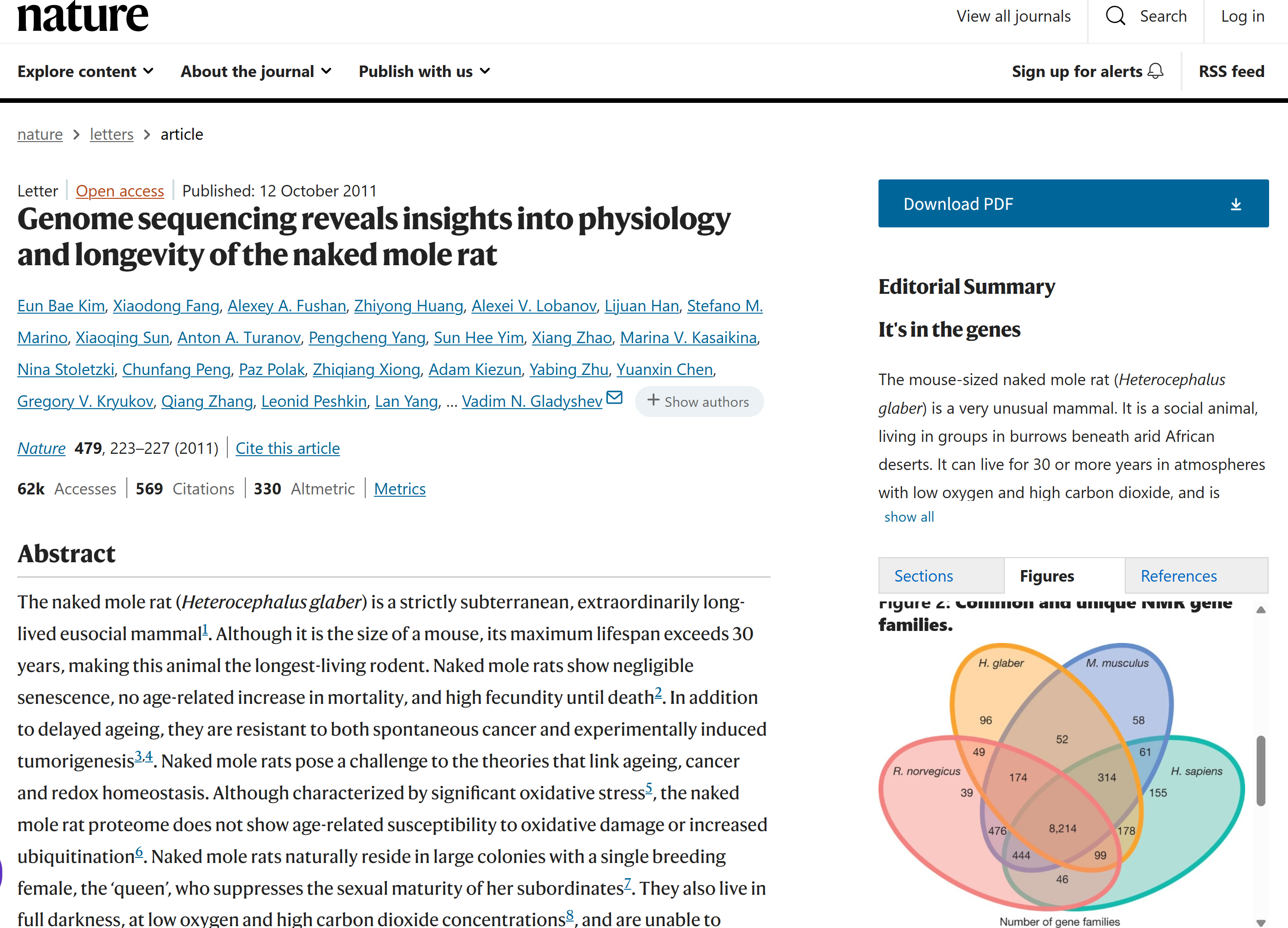 Nature（IF：50.5）：裸鼹鼠基因组测序揭示长寿与抗癌的分子密码
